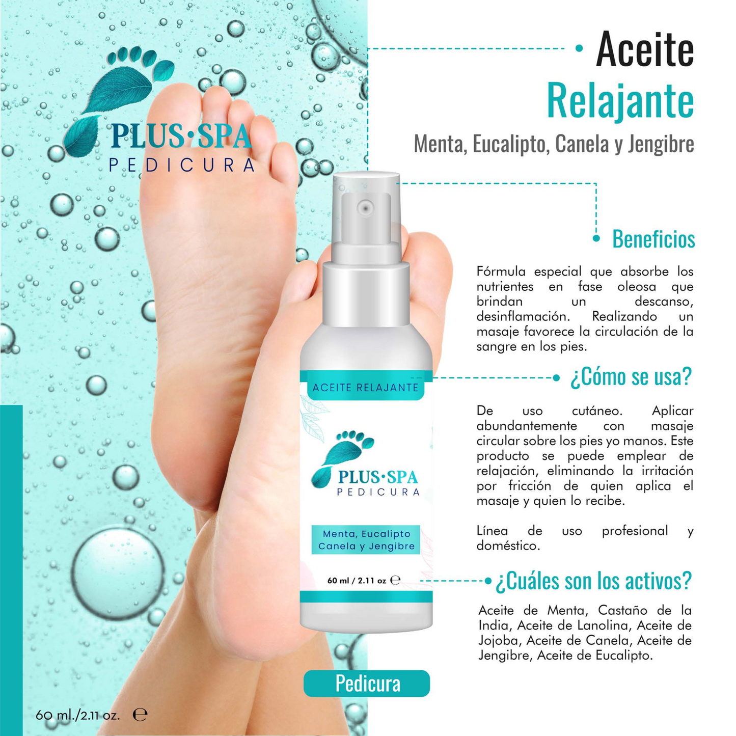 PLUS•SPA | Aceite Relajante para Pedicura - Menta, Eucalipto, Canela y Jengibre - 60 ml